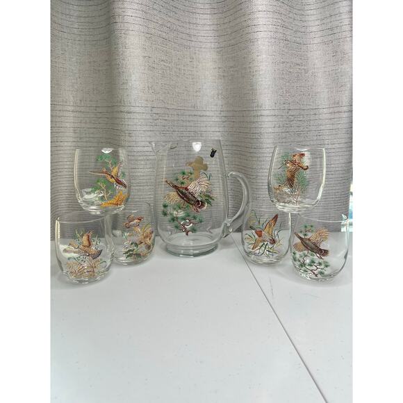 Vintage West Virginia Glass Hand Made Pitcher and 6 glasses hunting lodge birds - Picture 1 of 11